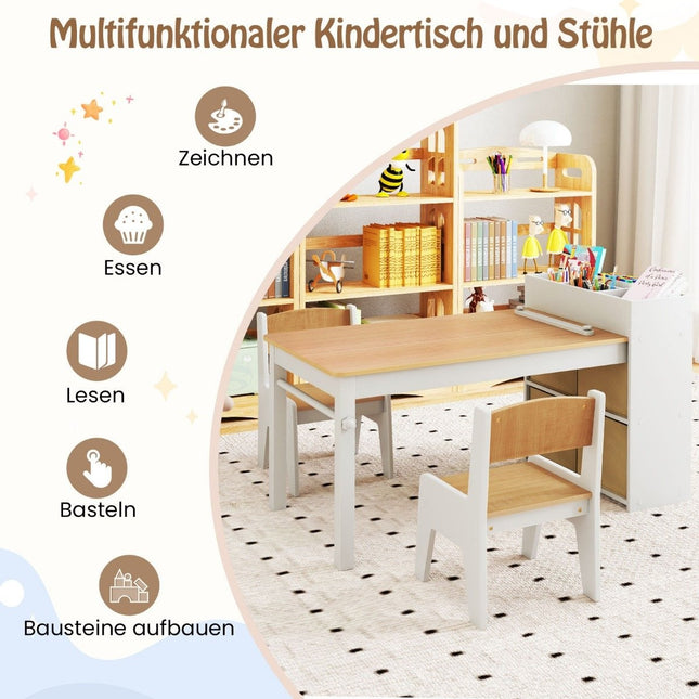 Art table and chair set for children. Drawing table with 2 chairs, paper roll and paper roll holder. Natural
