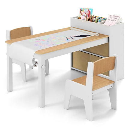 Art table and chair set for children. Drawing table with 2 chairs, paper roll and paper roll holder. Natural