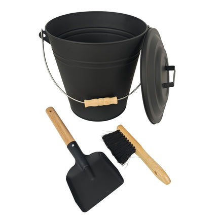 Ash Bin with Brush and Shovel – Iron, Black