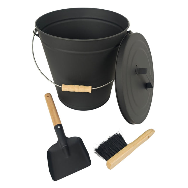 Ash Bucket with Brush & Shovel – Powder-Coated Iron