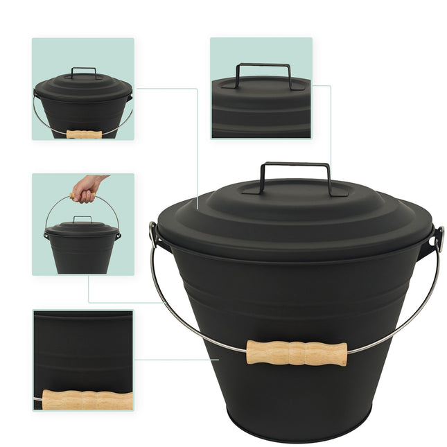 Ash Bucket with Brush & Shovel – Powder-Coated Iron