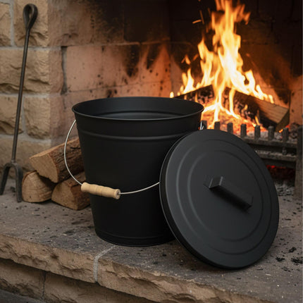 Ash Bucket with Brush & Shovel – Powder-Coated Iron