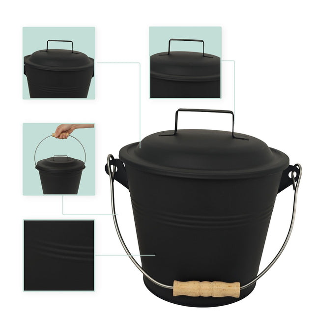 Ash Bucket with Brush and Shovel Set, Black Iron