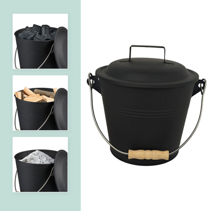 Ash Bucket with Brush and Shovel Set, Black Iron