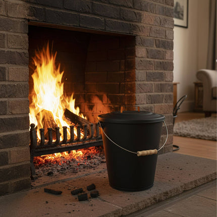 Ash Bucket with Brush and Shovel Set, Black Iron