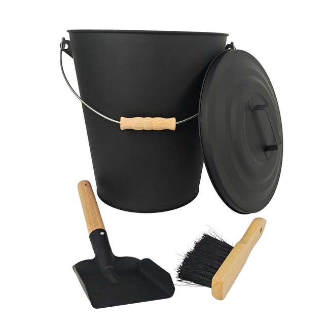 Ash Bucket with Brush and Shovel Set, Black Iron
