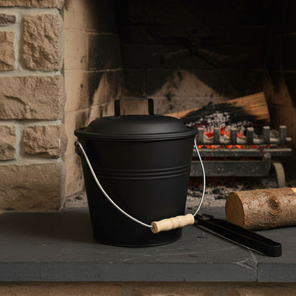 Ash Bucket with Brush and Shovel Set, Black Iron