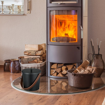 Ash Bucket with Lid – Steel, Leather Handle, Fireplace Use