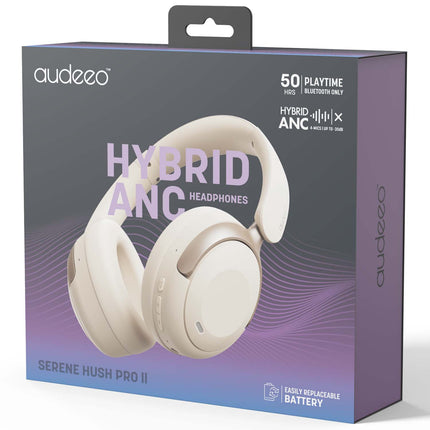 Audeeo Serene Hush Pro II Hybrid ANC Over-Ear Headphones, Bluetooth 6.0, Cream