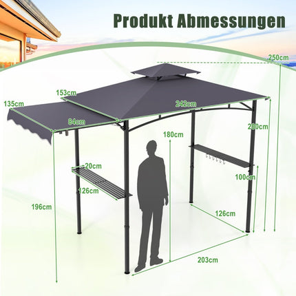 BBQ Pavilion with Side Awning, Double Roof, Gray, 318x153x250cm