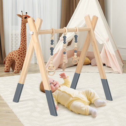 Baby Activity Gym, Foldable Wooden Play Gym With 3 Toys
