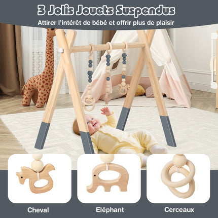 Baby Activity Gym, Foldable Wooden Play Gym With 3 Toys