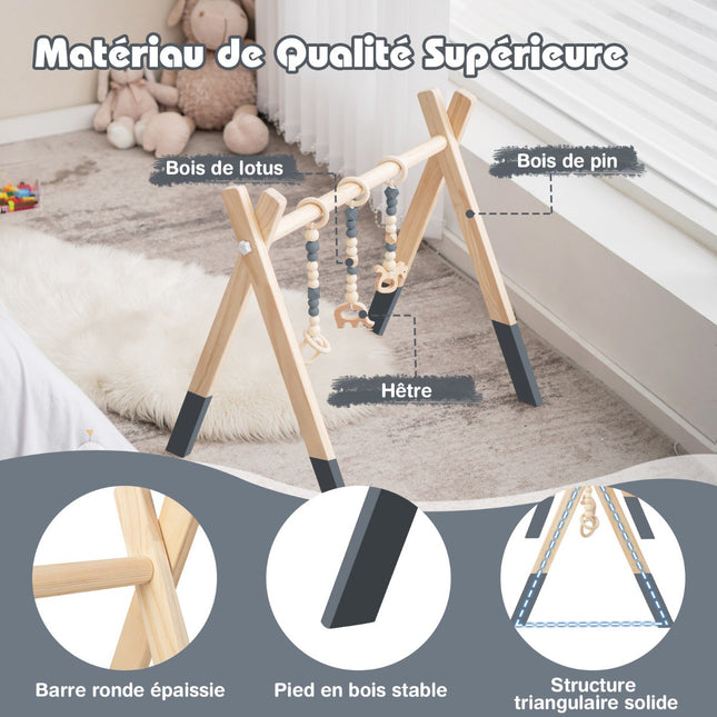 Baby Activity Gym, Foldable Wooden Play Gym With 3 Toys