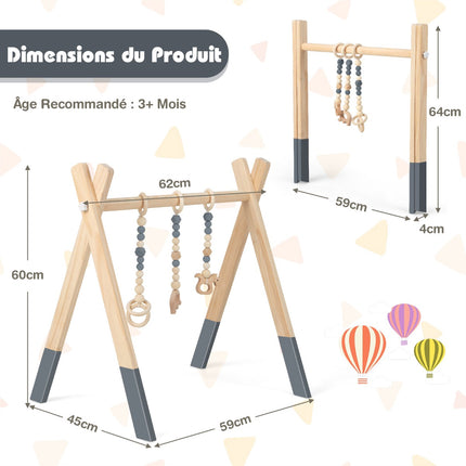 Baby Activity Gym, Foldable Wooden Play Gym With 3 Toys