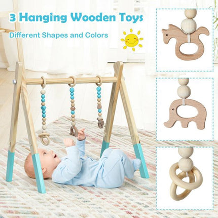 Baby Activity Gym, Wooden Foldable Frame, 3 Hanging Toys – Blue