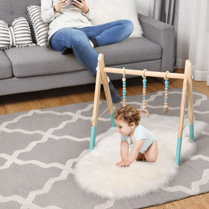 Baby Activity Gym, Wooden Foldable Frame, 3 Hanging Toys – Blue