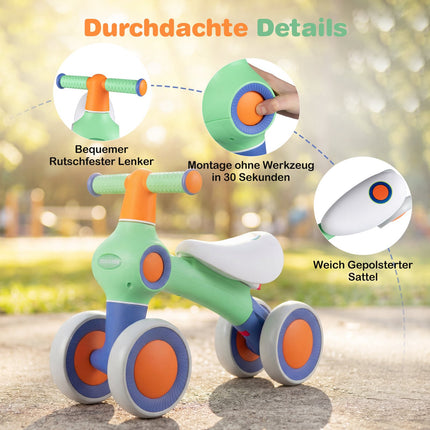 Baby Balance Bike – Adjustable Seat, 4 Silent Wheels, Green