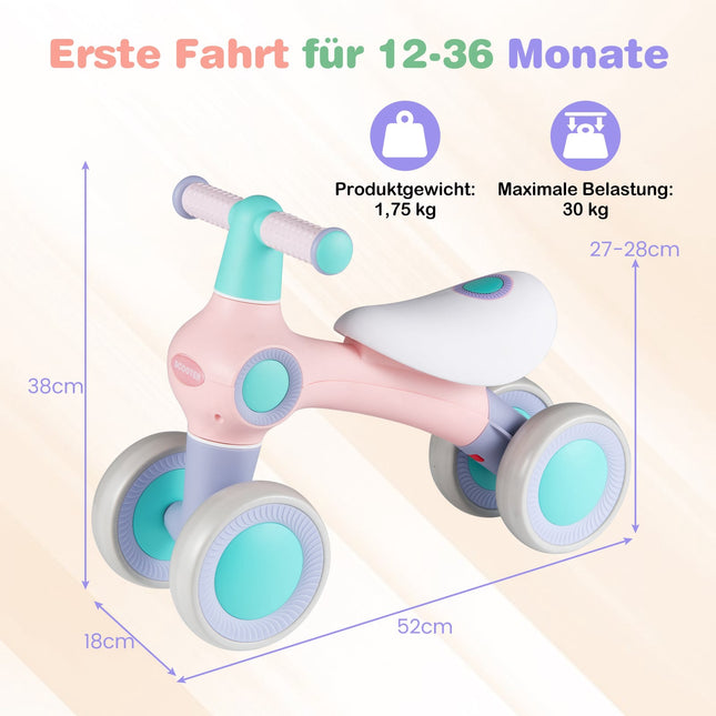 Baby Balance Bike, Adjustable Seat, 4 Silent Wheels, Pink