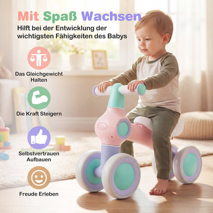 Baby Balance Bike, Adjustable Seat, 4 Silent Wheels, Pink