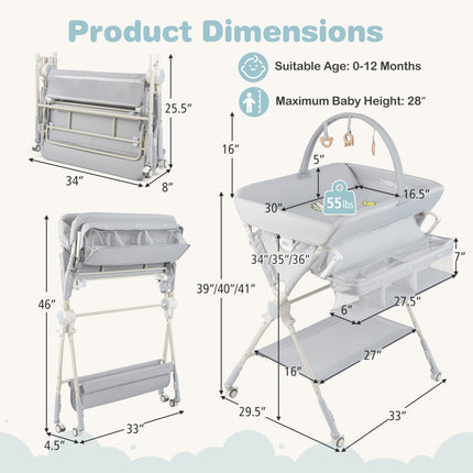 Baby Changing Table, Foldable Height Adjustable, Grey