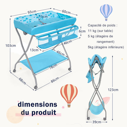 Baby Changing Table With Safety Belt, Foldable, Casters