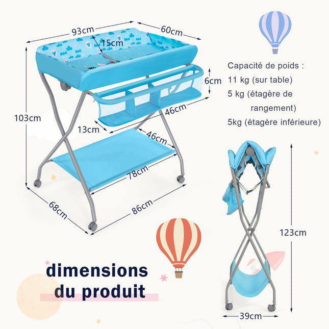 Baby Changing Table With Safety Belt, Foldable, Casters