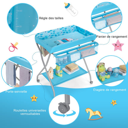 Baby Changing Table With Safety Belt, Foldable, Casters
