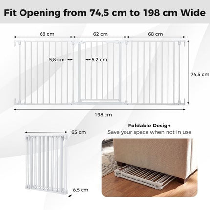 Baby Gate, 3-Panel Hardware-Mounted Metal, 74.5–198 cm