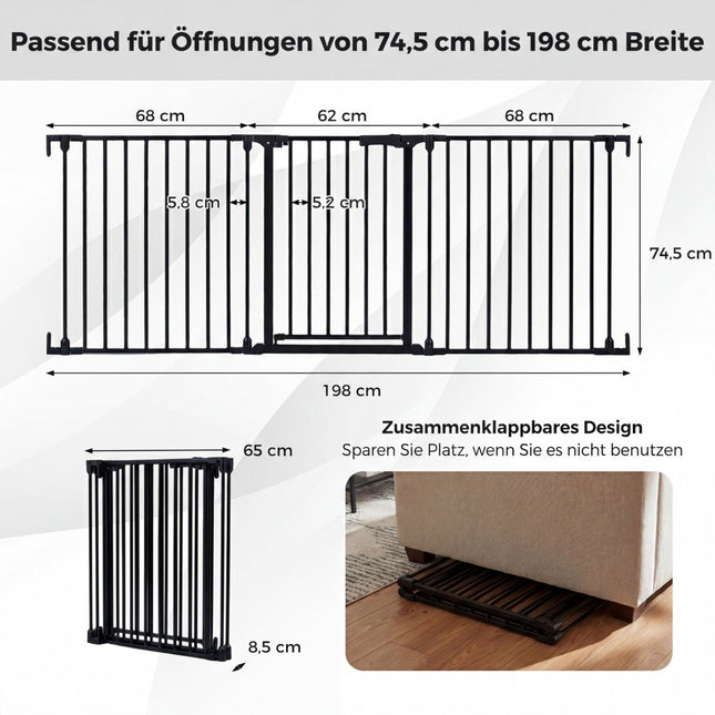 Baby Gate with Double Lock & Swing Mechanism, Black, 74.5-198 cm