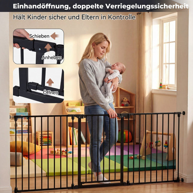 Baby Gate with Double Lock & Swing Mechanism, Black, 74.5-198 cm