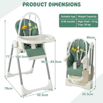 Baby High Chair, 4-in-1 Foldable, 7-Height, Toy Bar