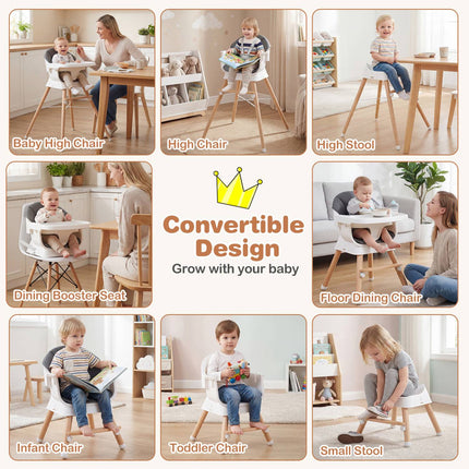 Baby High Chair, Adjustable Tray, 5-Point Harness, Grey