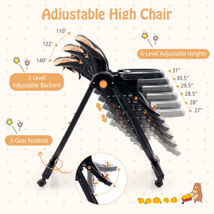 Baby High Chair, Foldable Recline, Wheels, Double Tray