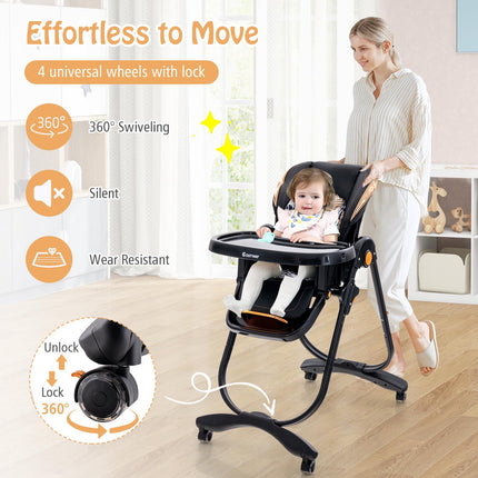 Baby High Chair, Foldable Recline, Wheels, Double Tray