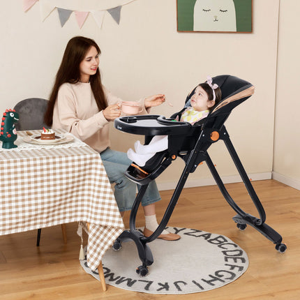 Baby High Chair, Foldable Recline, Wheels, Double Tray