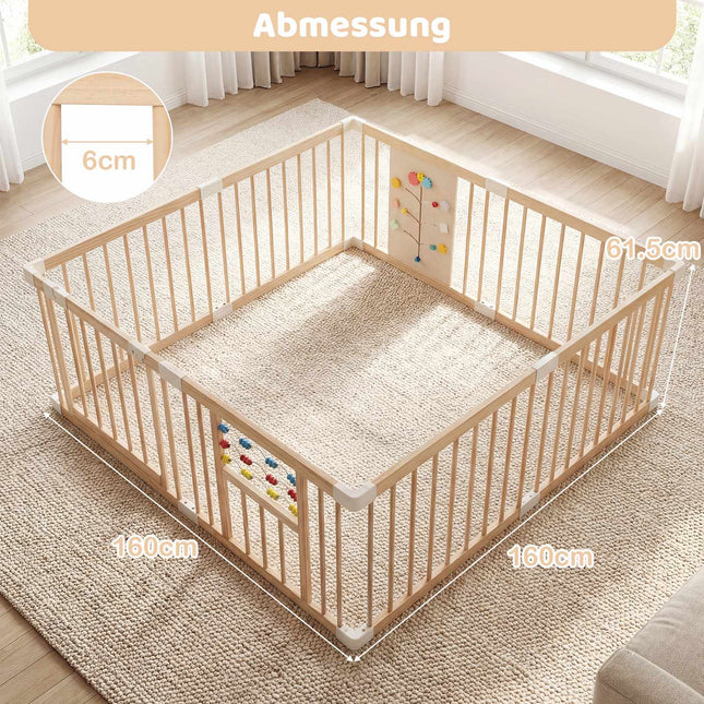 Baby Playpen, Pine Wood, 8 Panels, 160 x 160 cm, Foldable