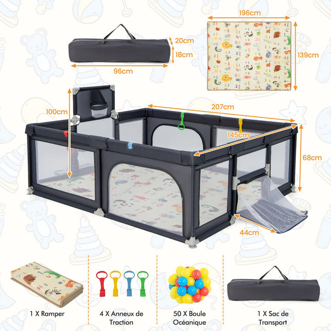 Baby Playpen With Mat and 50 Balls, 81 x 57 in, Gray