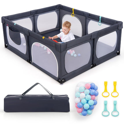 Baby Playpen with 4 Pull Rings & 50 Ocean Balls & Breathable Mesh & Carry Bag Dark Gray