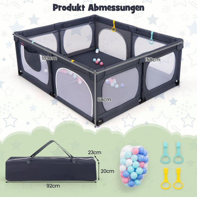 Baby Playpen with 4 Pull Rings & 50 Ocean Balls & Breathable Mesh & Carry Bag Dark Gray