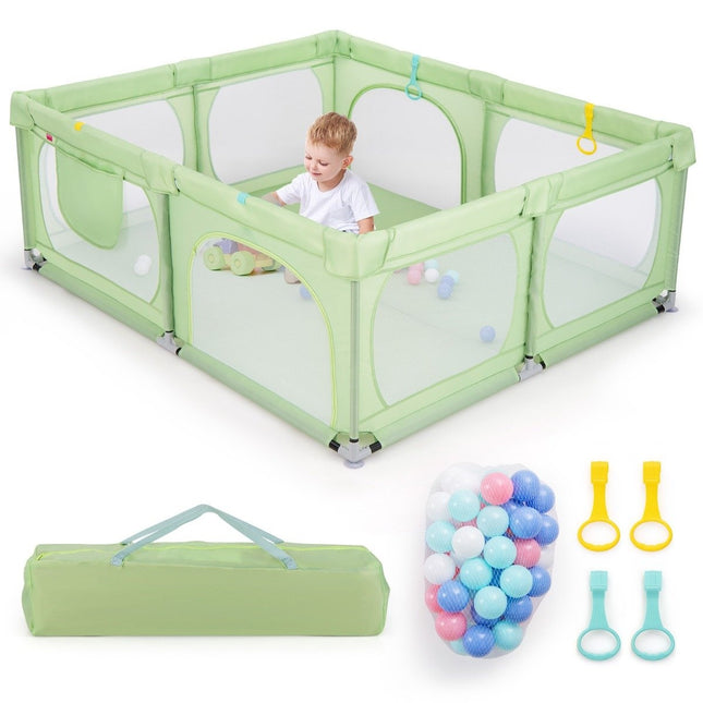 Baby Playpen with 4 Pull Rings & 50 Ocean Balls & Breathable Mesh & Carry Bag Green