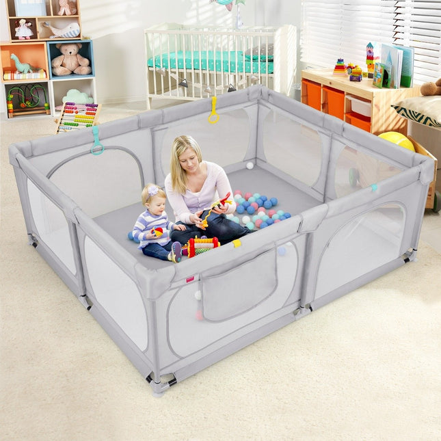 Baby Playpen with 4 Pull Rings & 50 Ocean Balls & Breathable Mesh & Carry Bag Light Gray