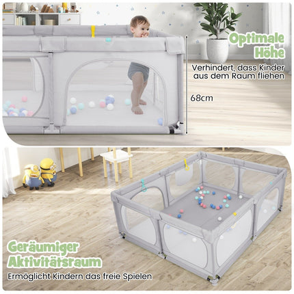 Baby Playpen with 4 Pull Rings & 50 Ocean Balls & Breathable Mesh & Carry Bag Light Gray