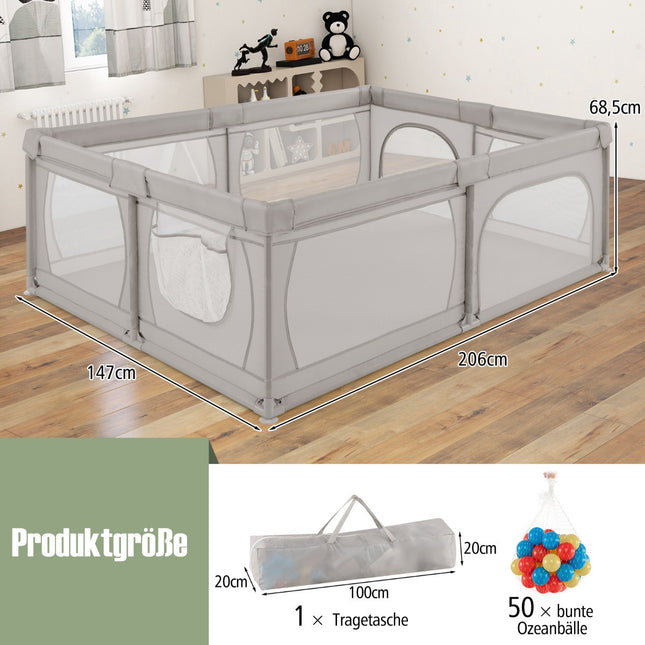 Baby Playpen with 50 Balls, 2 Doors, Breathable Mesh, 205x147 cm