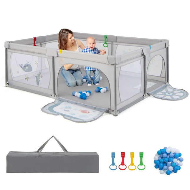 Baby Playpen with 50 Balls & 2 Doors & Breathable Mesh & Zipper Gray Fish