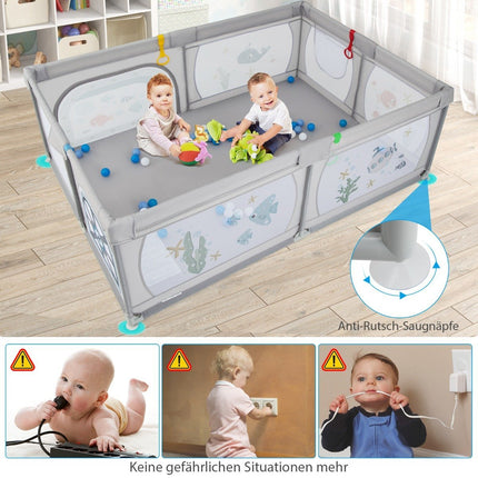 Baby Playpen with 50 Balls & 2 Doors & Breathable Mesh & Zipper Gray Fish