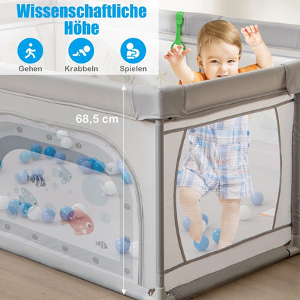 Baby Playpen with 50 Balls & 2 Doors & Breathable Mesh & Zipper Gray Fish