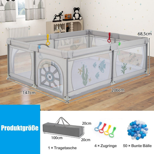 Baby Playpen with 50 Balls & 2 Doors & Breathable Mesh & Zipper Gray Fish