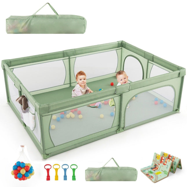 Baby Playpen with 50 Balls & 2 Doors & Breathable Net & Zipper Green