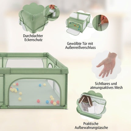 Baby Playpen with 50 Balls & 2 Doors & Breathable Net & Zipper Green