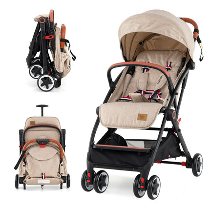 Baby Stroller, Quick-Fold, 95–175 Recline, Canopy, Beige